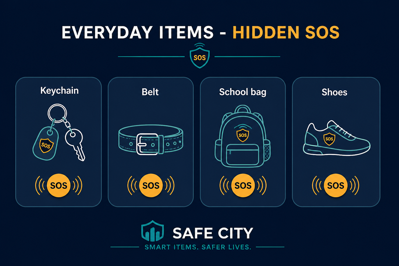 BLE SOS in keychain, belt, bag and shoes